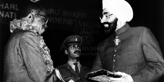 Leopold Senghor, the first President of Senegal receives the Jawaharlal Nehru Award for international understanding in 1982