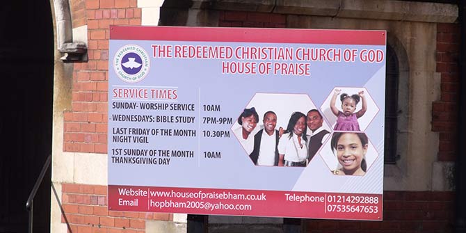 A branch of the Redeemed Christian Church of God in Edgbaston, Central England Photo Credit: Elliott Brown via Flickr (http://bit.ly/2fUebqv) CC BY 2.0 