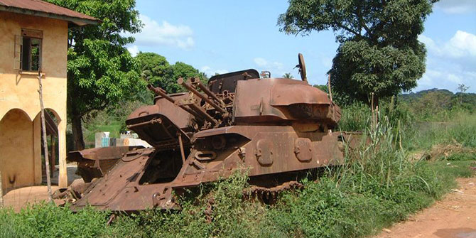 Burned out Nigeria tank on the road in Sierra Leone