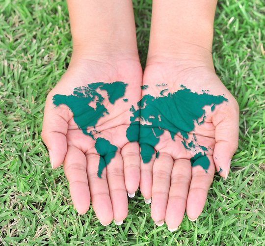 hands holding a world map