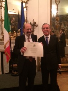 Maurice receiving the award of Cavaliere dell’Ordine della Stella d’Italia from the Italian Ambassador to the UK on 7 December 2015