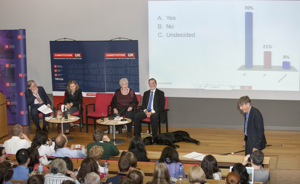 Image of the crowd, the panel and Conor Gearty at the Crowdsourcing a New UK Constitution event