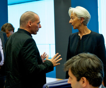 Yanis Varoufakis and Christine Lagarde during talks on 18 June 2015, Credit: EU Council Eurozone (CC-BY-SA-ND-NC-3.0)