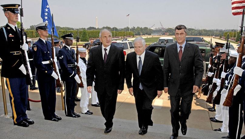 Kosovo’s current President and then PM Hashim Thaci (right) at the Pentagon in 2008, with ex US Secretary of Defense Robert M. Gates (centre) and ex Kosovar President Fatmir Sejdiu (left). Credits: Robert D. Ward / US Department of Defence.
