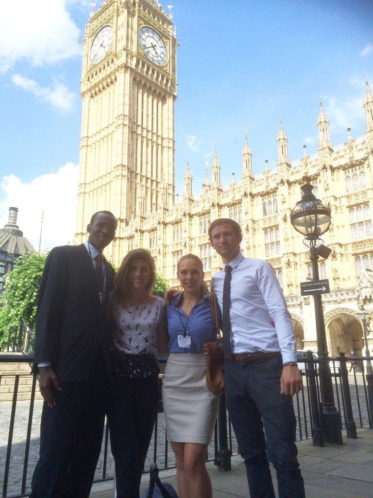 Four MSc IDHE students at Westminster following their presentation.