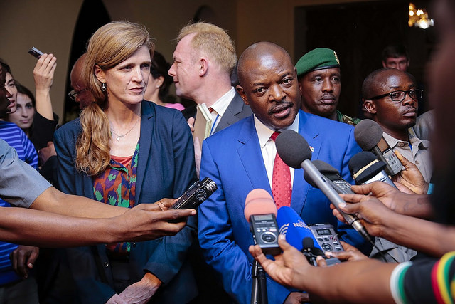 President Pierre Nkurunziza talks to the press following his meeting with a UN Security Council delegation. Credit: MONUSCO/Papy AMANI.