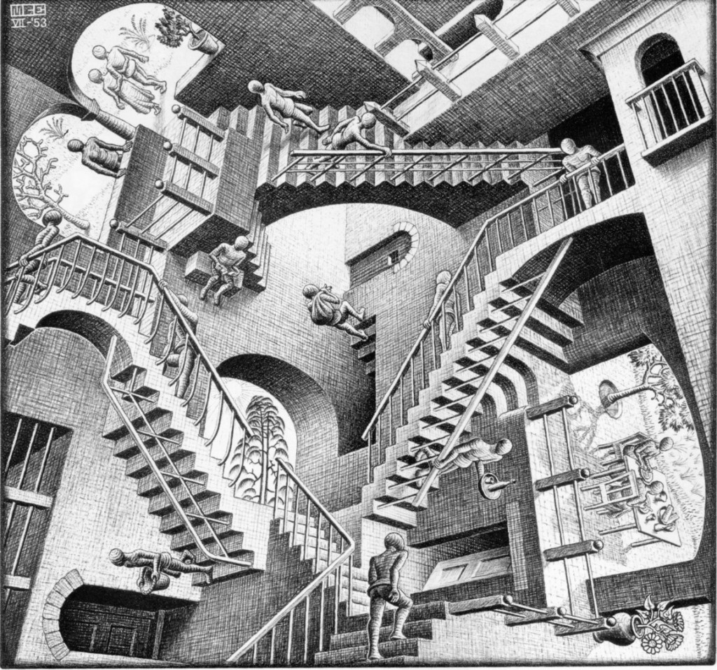 M. C. Escher - Relativity. From http://images.cdn.fotopedia.com/flickr-5230835657-hd.jpg