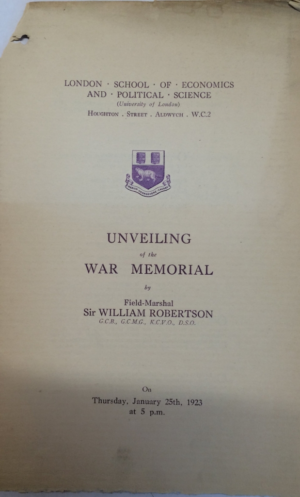 The programme for the unveiling of the war memorial at LSE in 1923