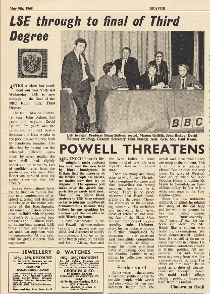 Beaver 9 May 1968 - LSE through to final of Third Degree. Credit: LSE Digital Library