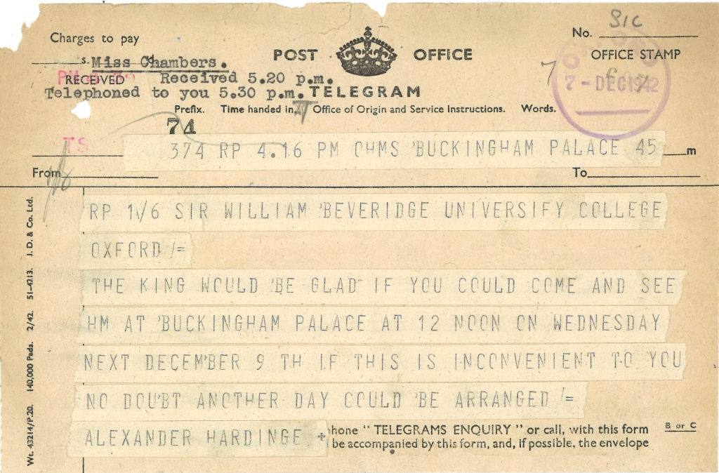 Telegram sent to William Beveridge from Buckingham Palace, 1942. Credit: LSE Library