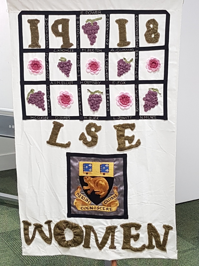 LSE Women banner, produced by the Knitting Group. Credit: Sue Donnelly