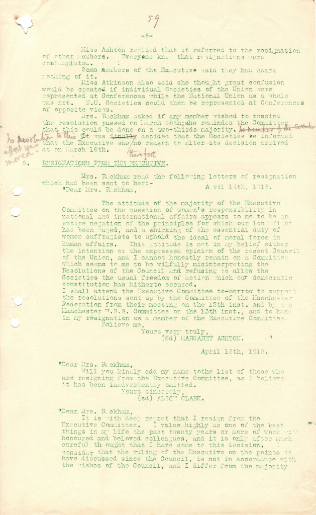 Alice Clark's resignation from NUWSS, 1915. Credit: LSE Library 