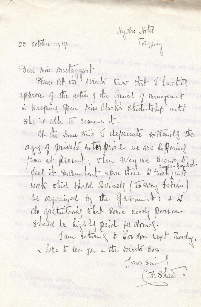 Letter from Charlotte Shaw to Christain MacTaggart, 1914. Credit: LSE Library