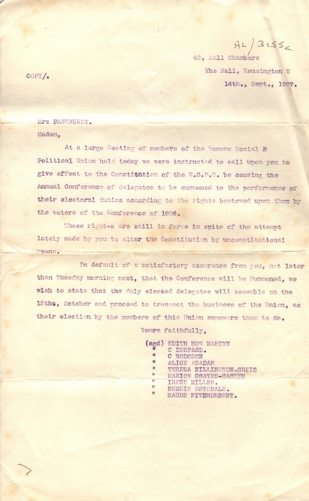 Letter to Emmeline Pankhurst, Sep 1907