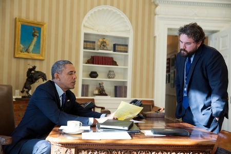 President Barack Obama works on his State of the Union address with Director of Speechwriting Cody Keenan in the Oval Office, Jan. 22, 2014. (Official White House Photo by Pete Souza)