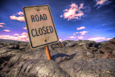 Road closed by lava in Hawai'i Credit: Casey Bisson (Flickr, CC-BY-NC-SA-2.0)