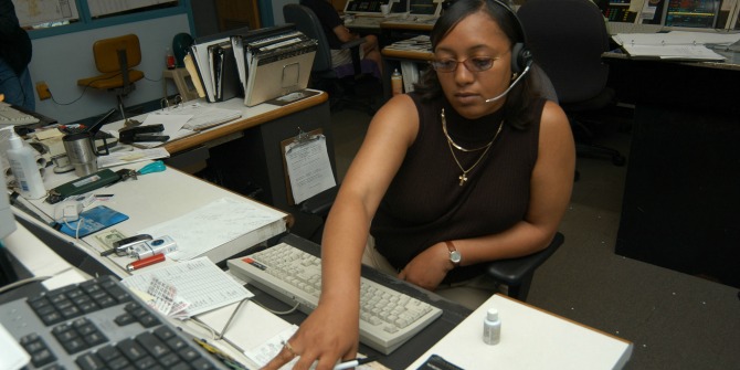 Jackson, TN, May 14, 2003. An operator takes a call at the Jackson 911 Dispatch Center. Photo by Mark Wolfe/FEMA News photo.