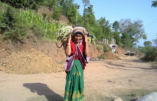 Woman in Nepal carrying fresh vegetables to market